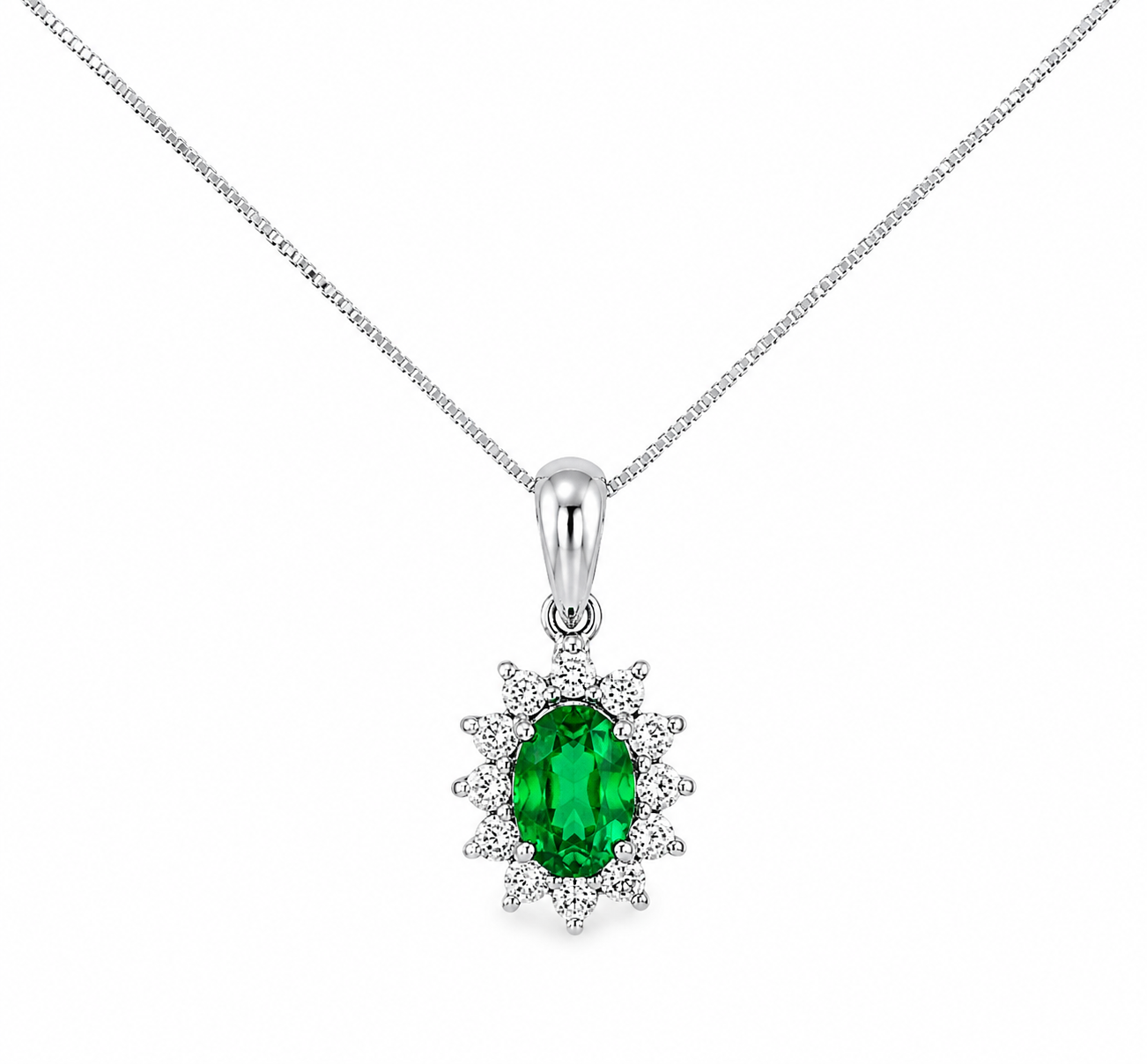 14K White Gold Oval Emerald Diamond Drop Pendant Necklace Estate