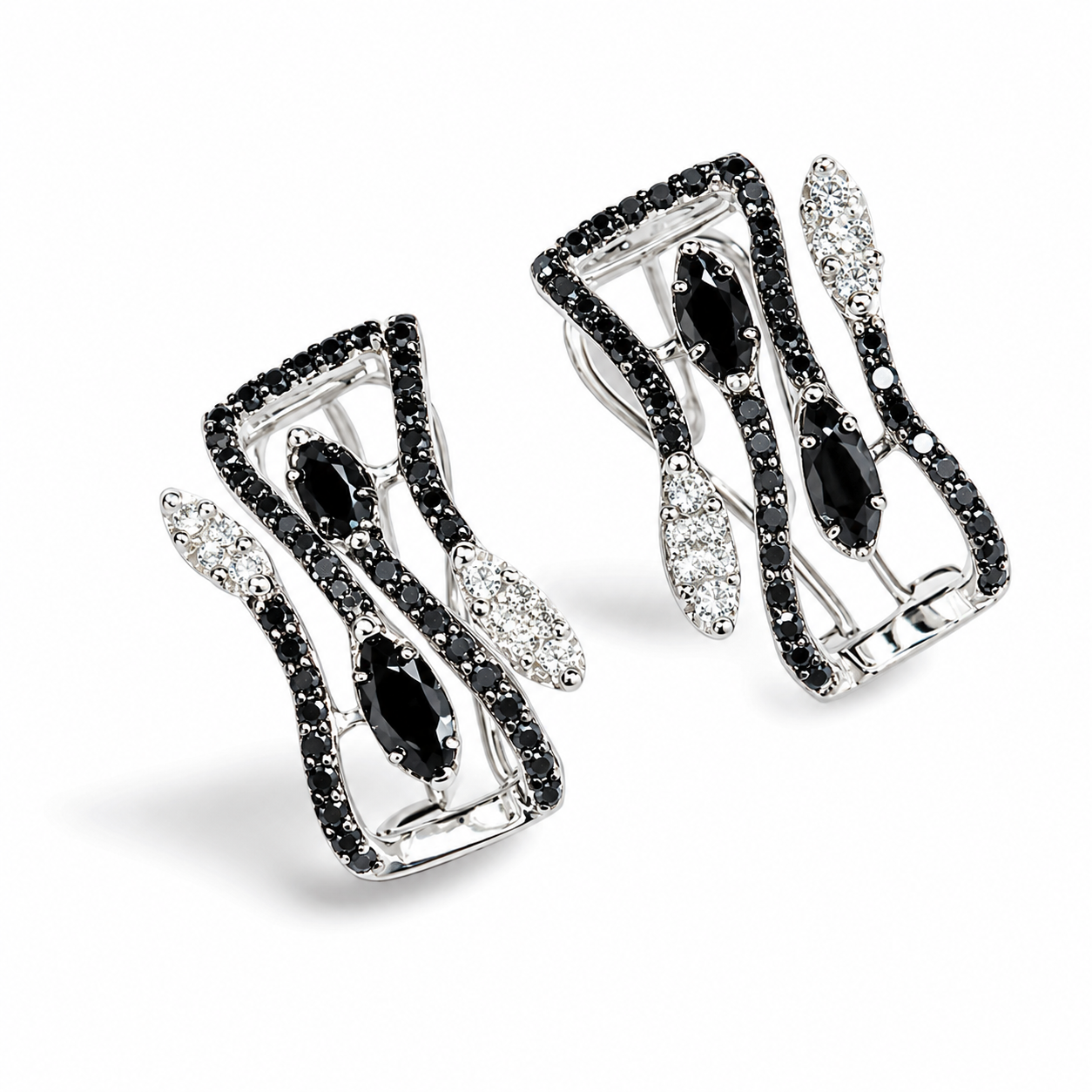 14K White Gold Black Diamond Leaf Huggie Earrings Estate