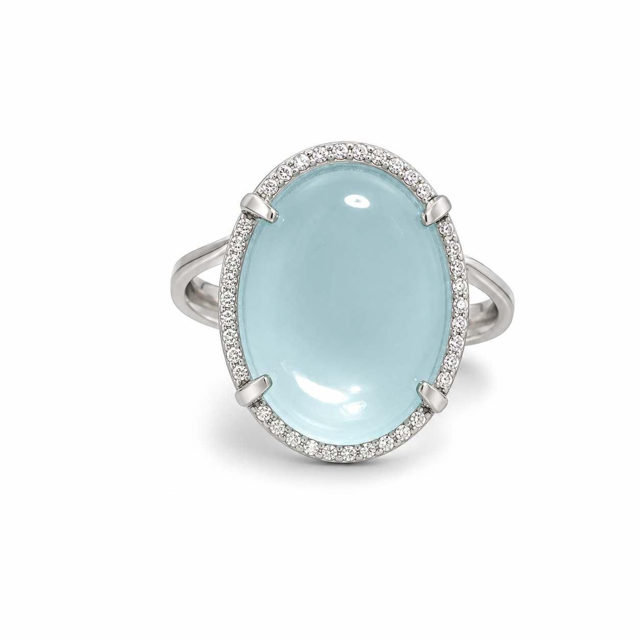 14K White Gold Aquamarine Cabochon Diamond Cocktail Ring Estate
