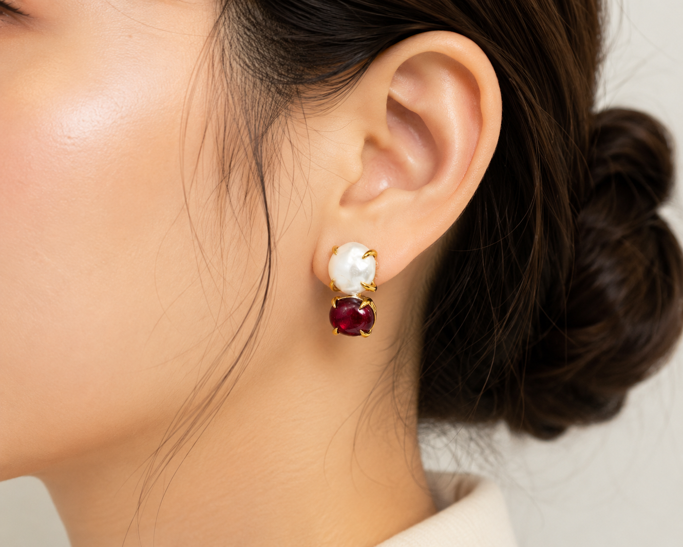14K Yellow Gold Cabochon Ruby Baroque Pearl Drop Earrings Designer Estate