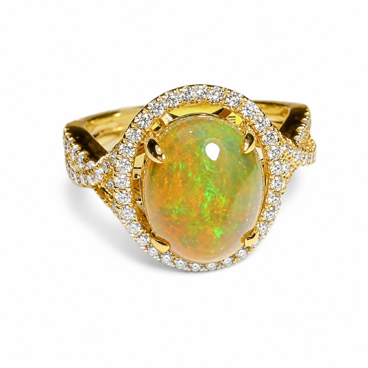 14K Yellow Gold Opal Cabochon Diamond Cocktail Ring Estate
