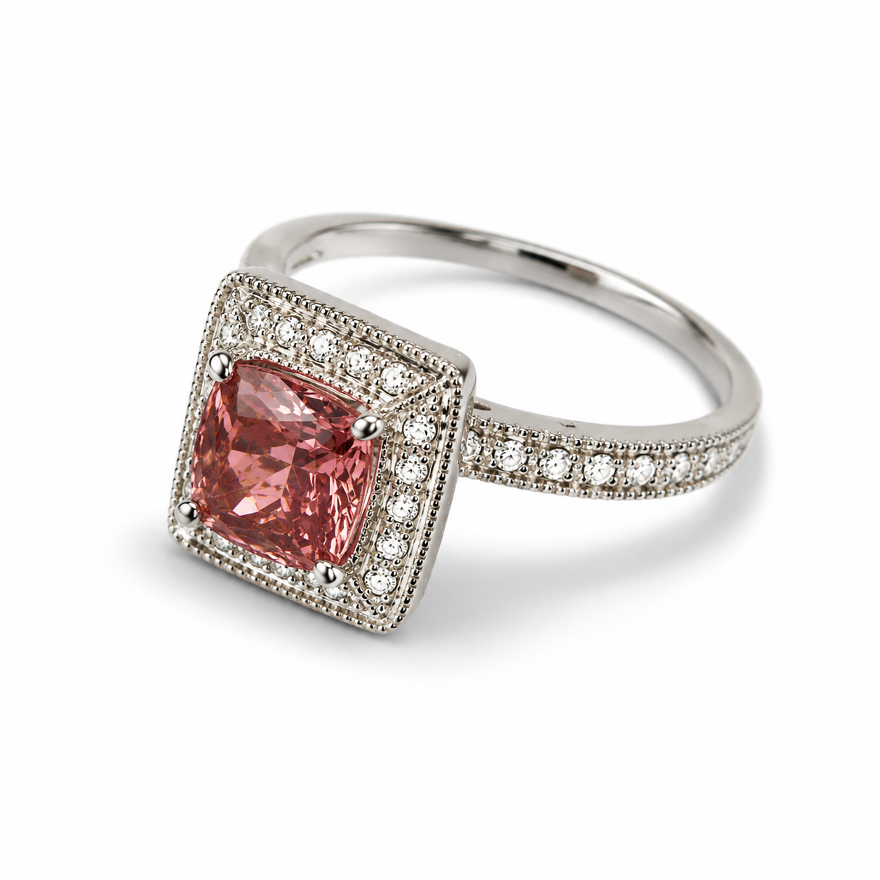 14K White Gold Raspberry Garnet Diamond Filigree Cocktail Ring Estate