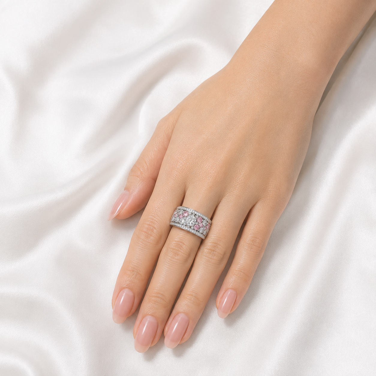 14K White Gold Pink Fancy Diamond Fashion Ring Band Estate