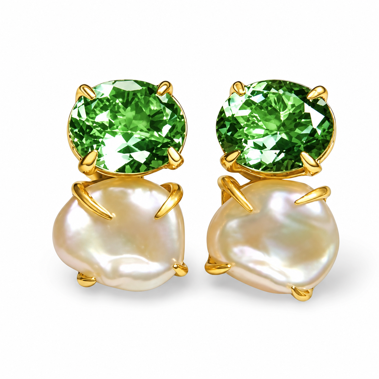 14K Yellow Gold Green Amethyst Baroque Pearl Drop Earrings Designer Estate