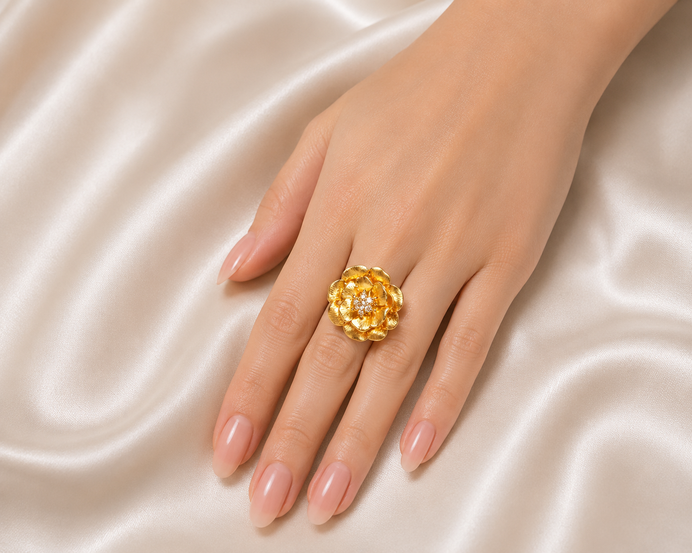 14K Yellow Brushed Gold Diamond Floral Cocktail Ring Estate