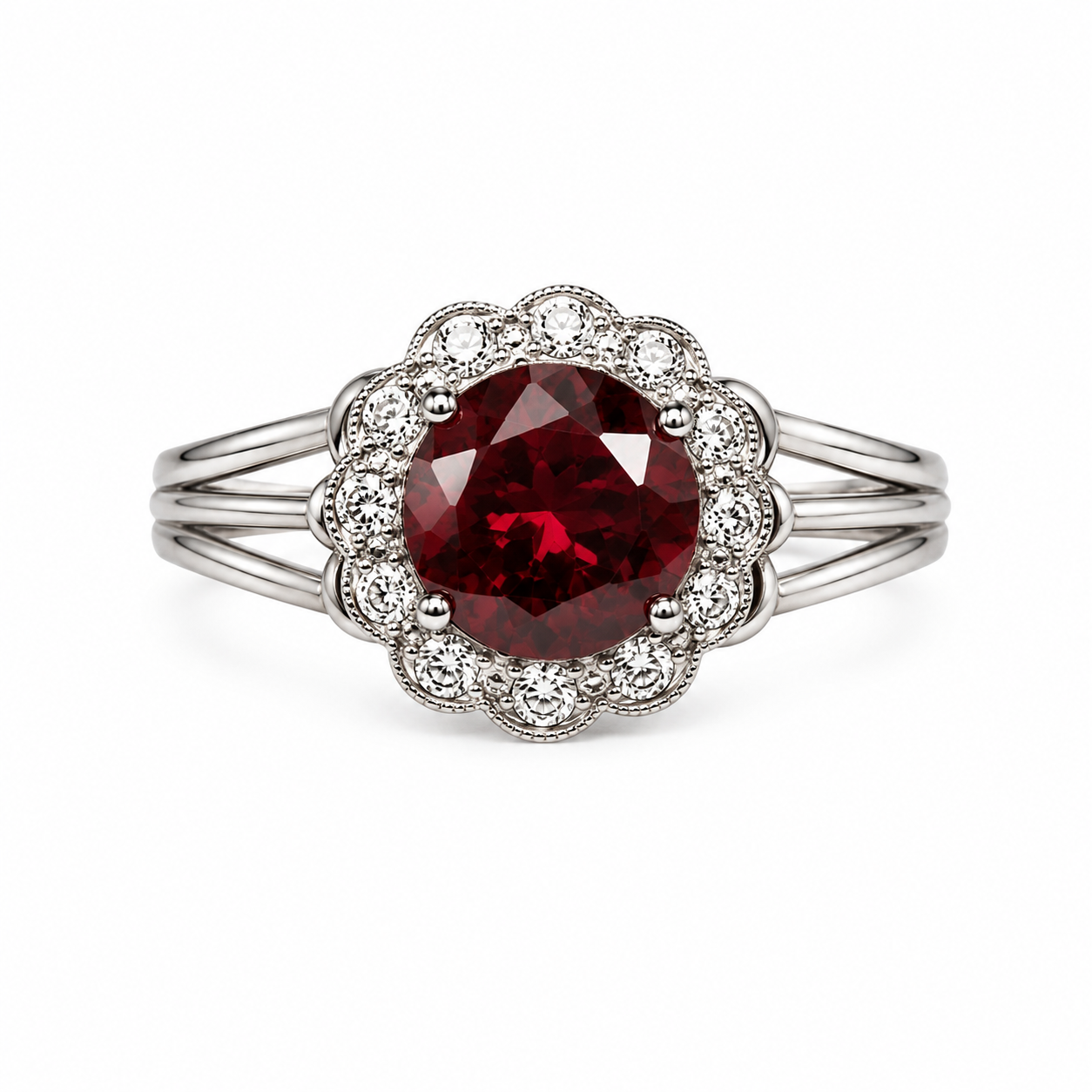 18K White Gold Platinum Garnet Diamond Handmade Ring Estate