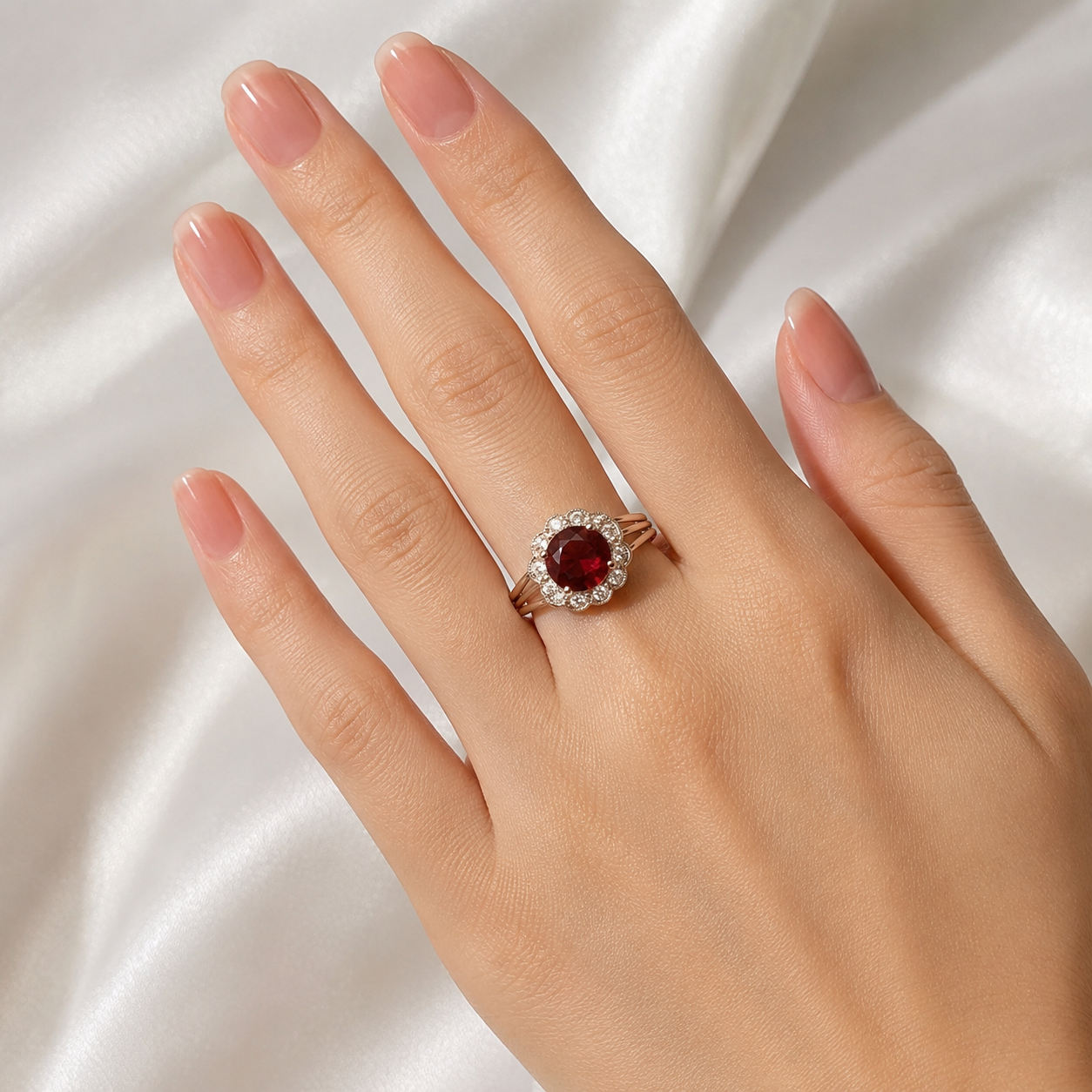 18K White Gold Platinum Garnet Diamond Handmade Ring Estate