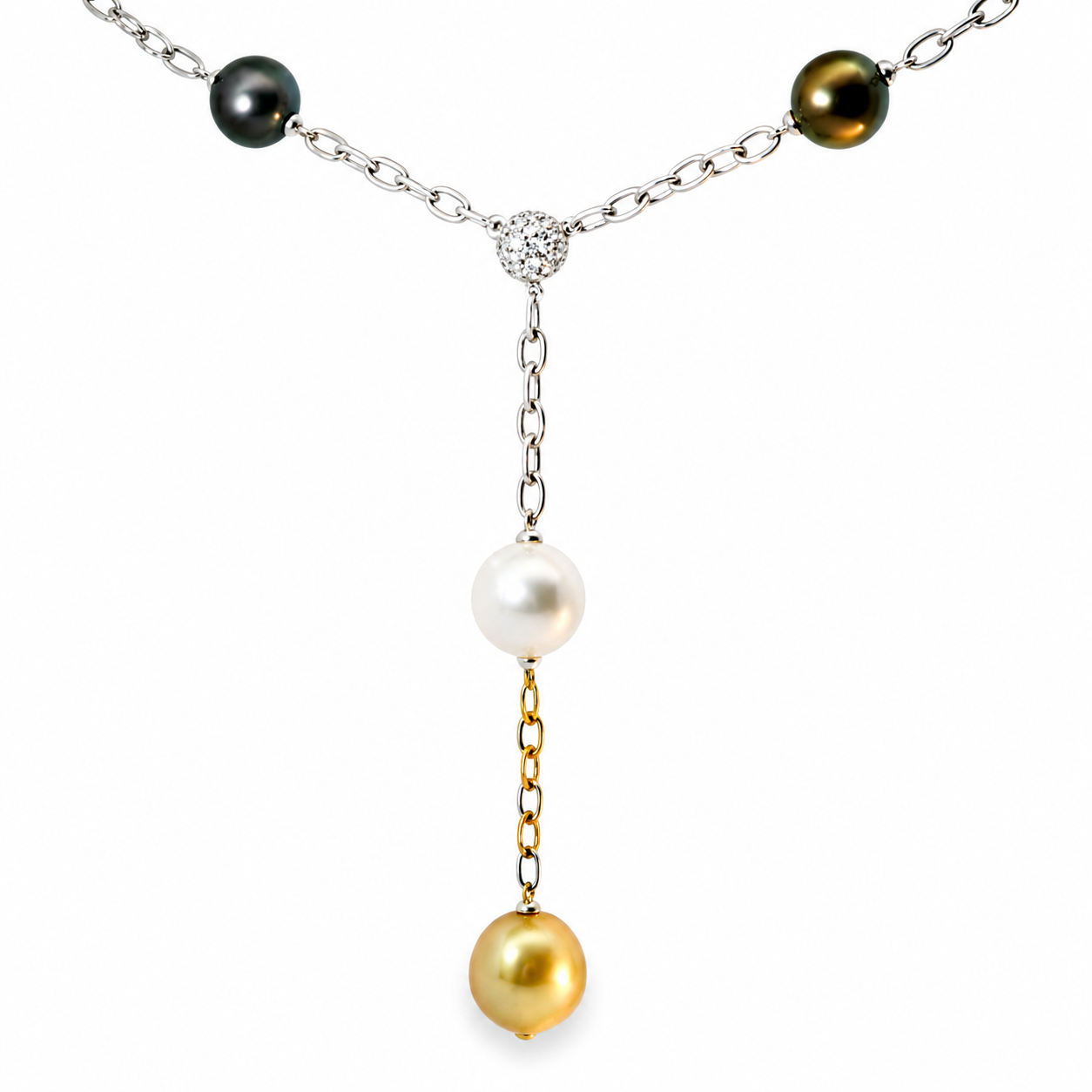 18K White Gold Diamond Gemstone Tahitian Pearl Pendant Necklace Estate