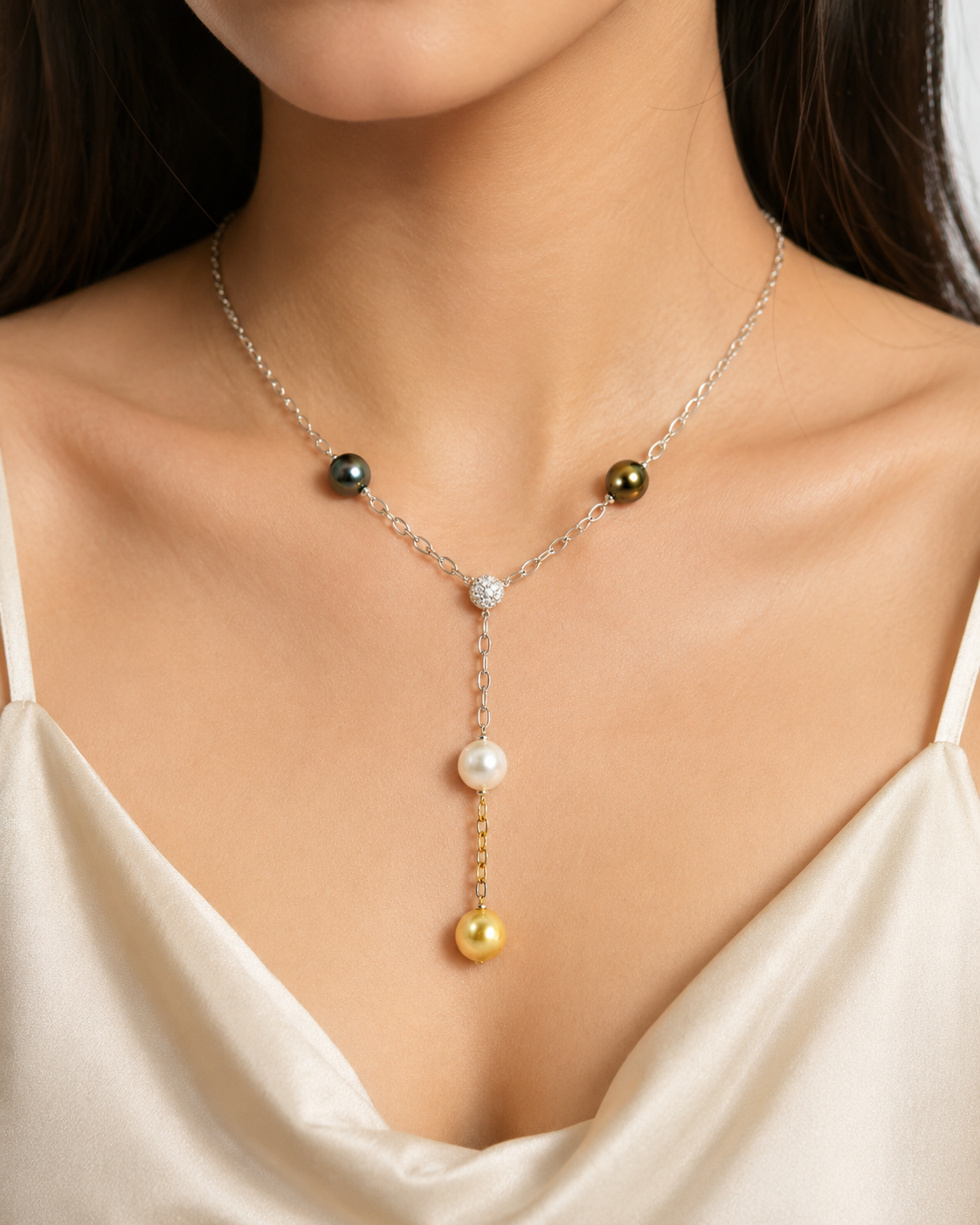 18K White Gold Diamond Gemstone Tahitian Pearl Pendant Necklace Estate