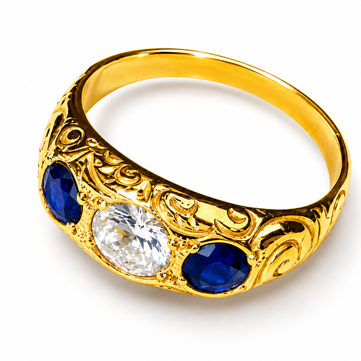 14K Yellow Gold Diamond Sapphire Wedding Ring Band Antique Estate