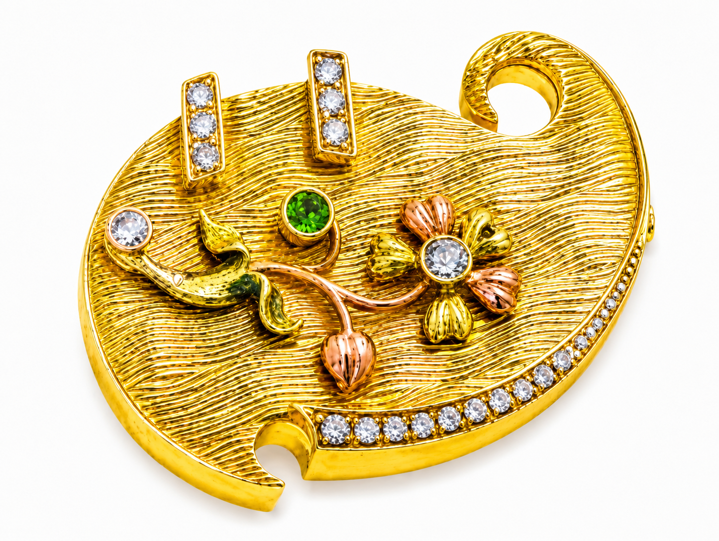 14K Yellow Rose Green Gold Diamond Garnet Brooch Pin Antique Estate
