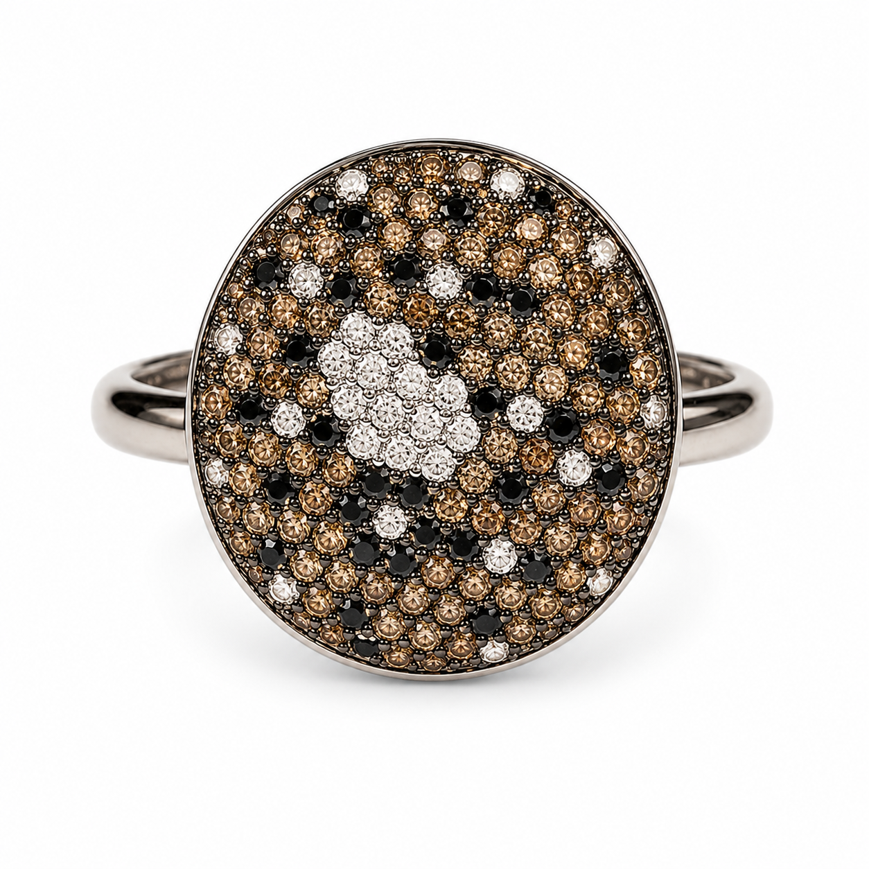 14K White Gold Estate Black, Champagne & White Diamond Heart Mosaic Paved Ring