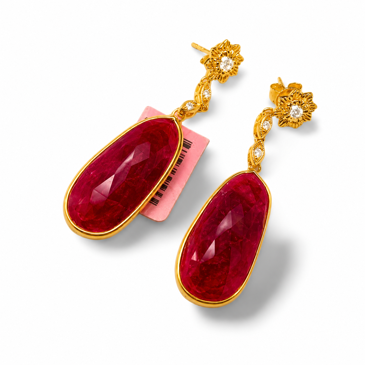 14K Yellow Gold Estate Diamond & Ruby Cabochon Tear Drop Dangle Earrings
