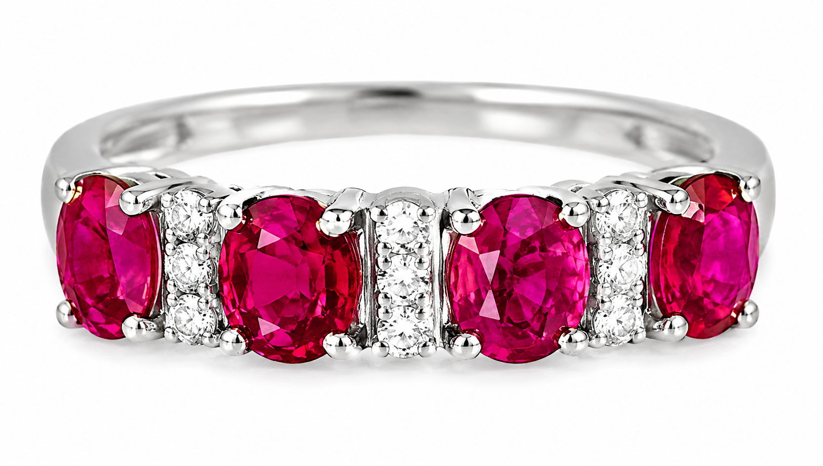 14K White Gold Estate Ruby & Diamond 4 Stone Ring Band
