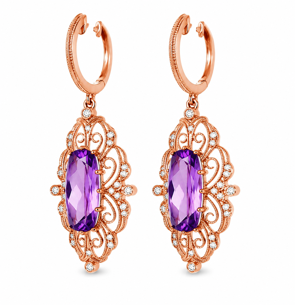 14K Pink Rose Gold Art Deco Diamond & Amethyst Drop Dangle Earrings