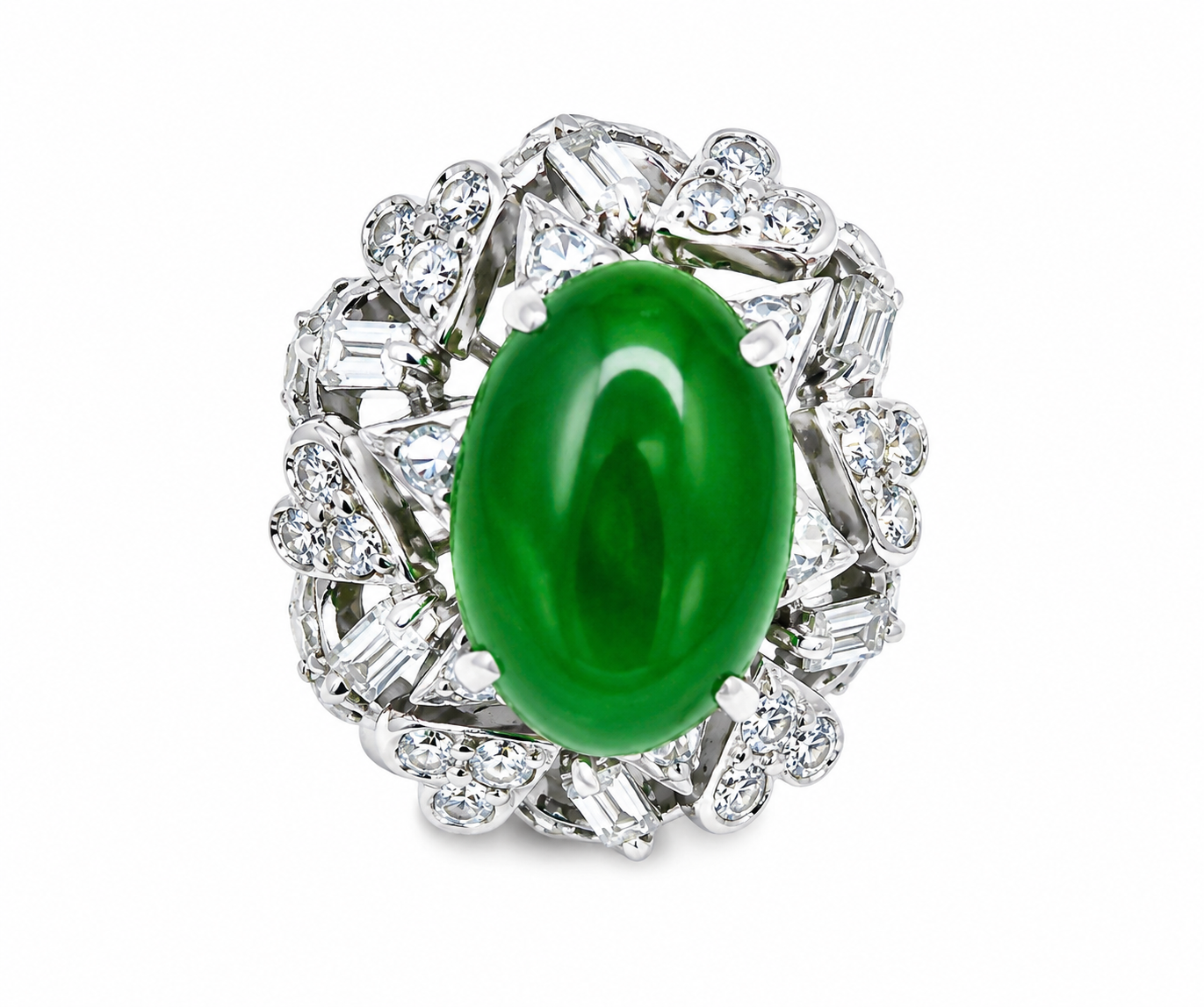 14K White Gold Estate Jade, Baguette & Round Diamond Ring