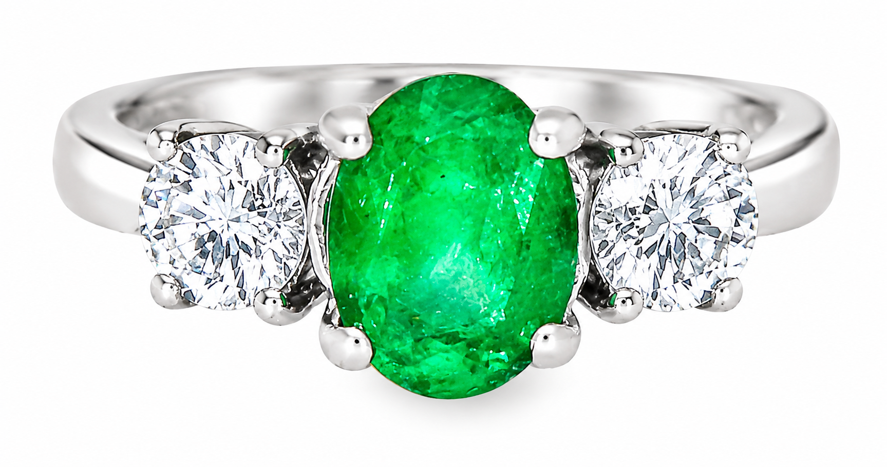 14K White Gold Emerald Diamond 3 Stone Ring Band