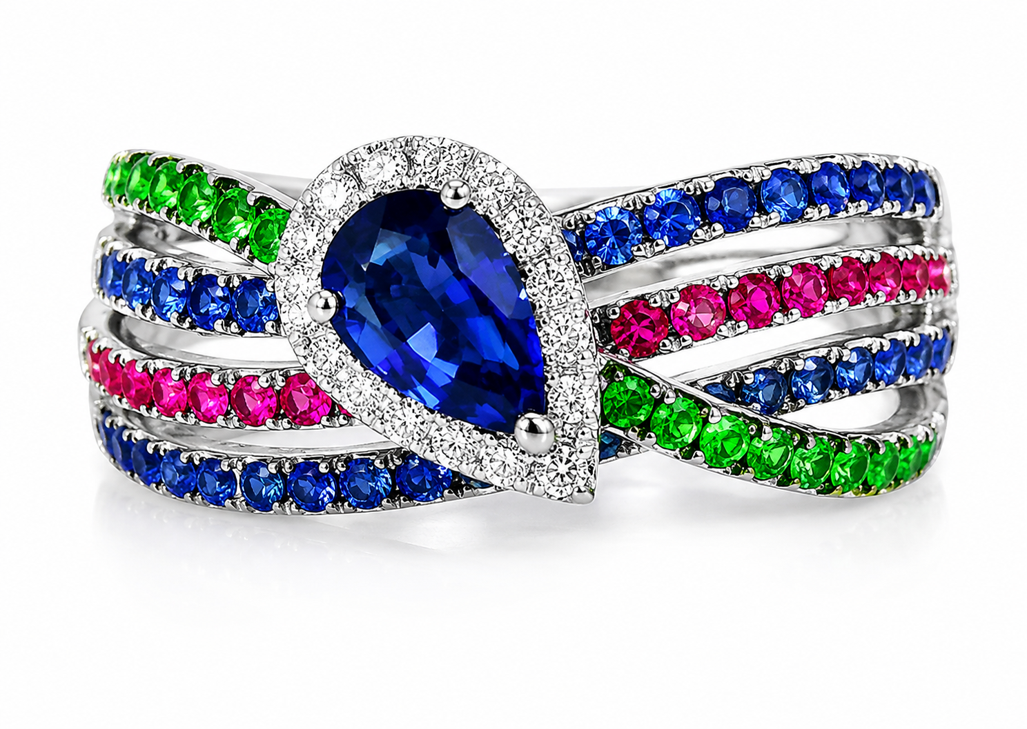18K White Gold Diamond Ruby Sapphire Emerald Band Ring