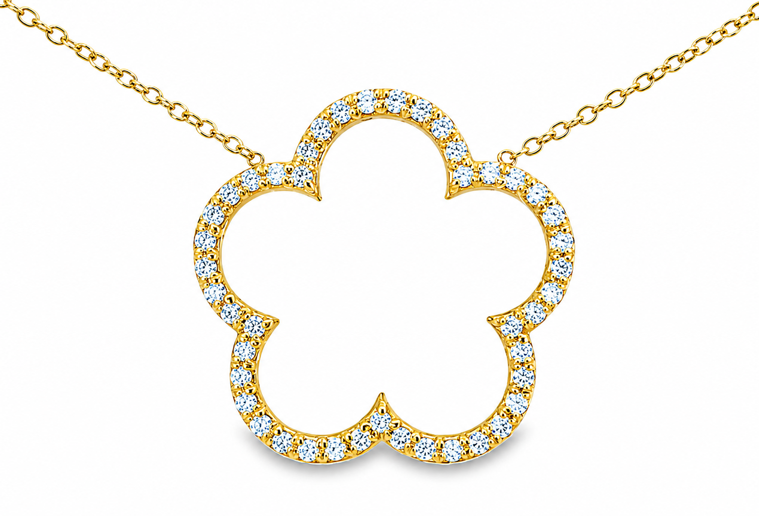 14K Yellow Gold Diamond 5 Leaf Clover Floral Pendant Necklace