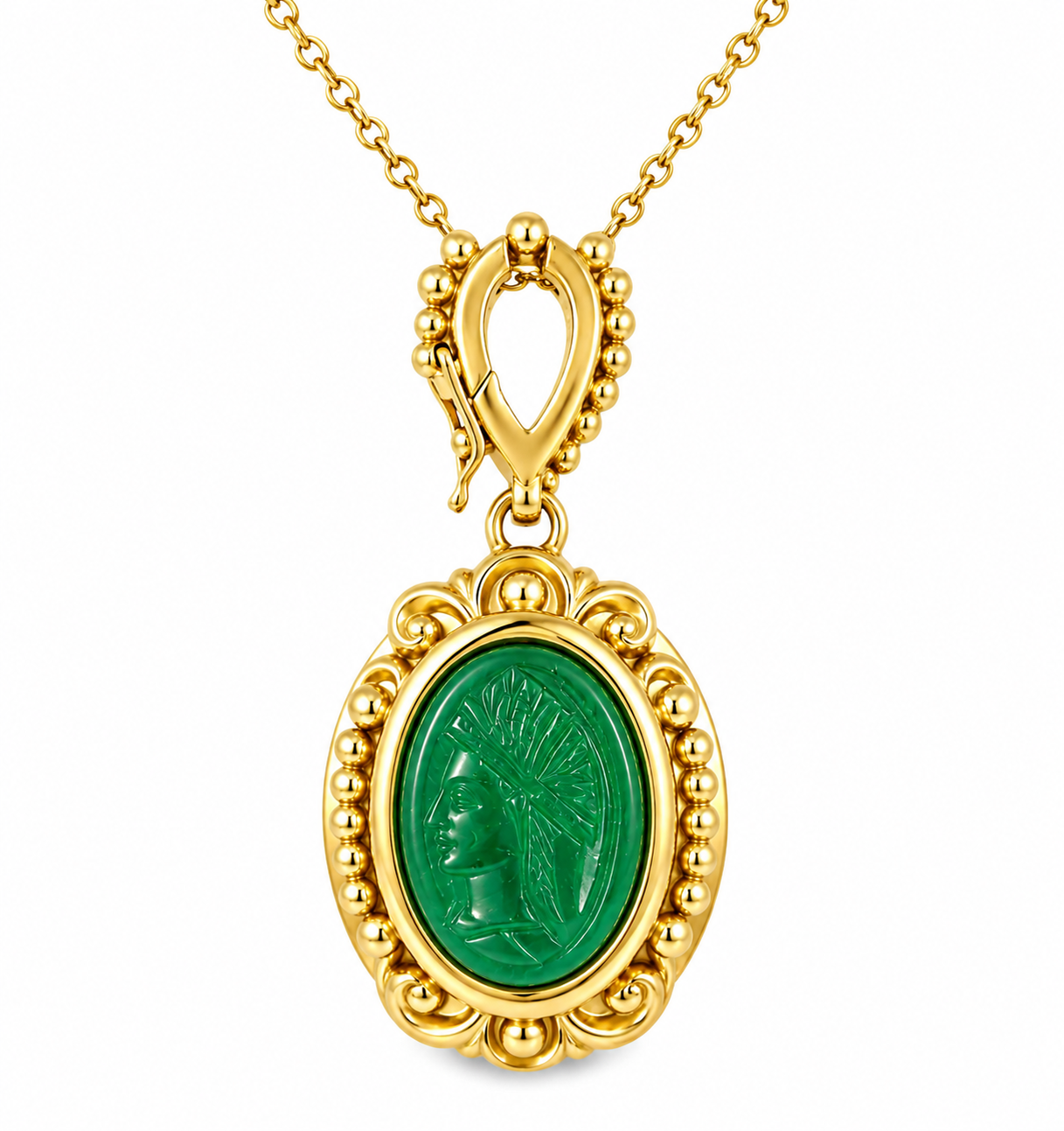 18K Yellow Gold Etruscan Intaglio Onyx Green Agate Pendant Slide