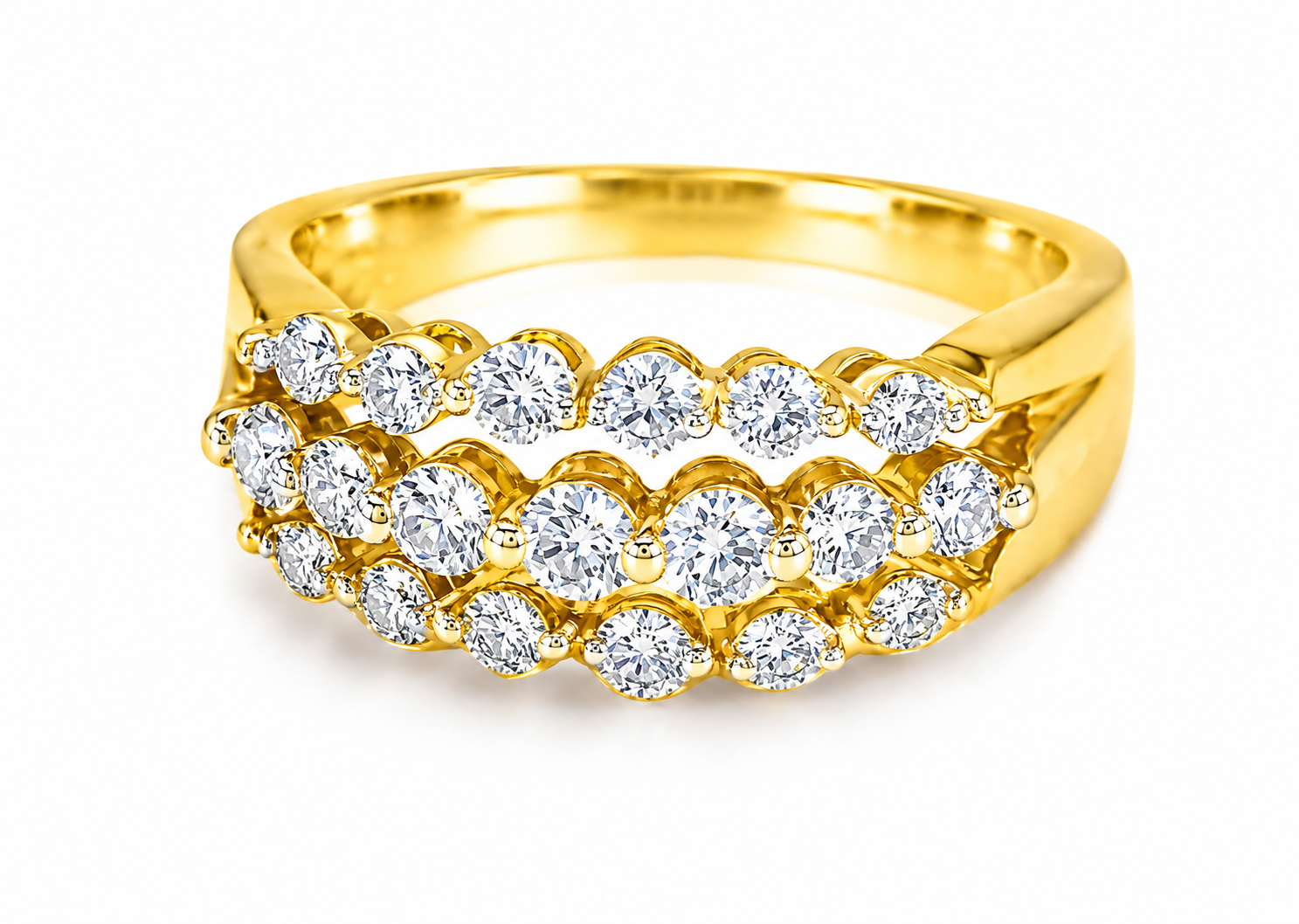 14K Yellow Gold 3 Row Diamond Wedding Band Ring