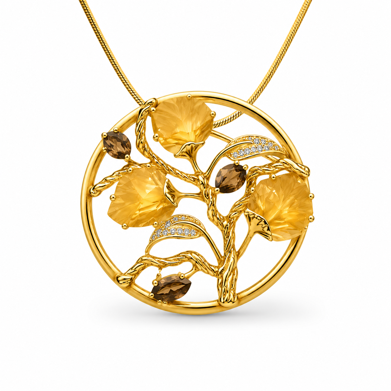 14K Yellow Gold Diamond Topaz Smokey Quartz Leaf Pendant