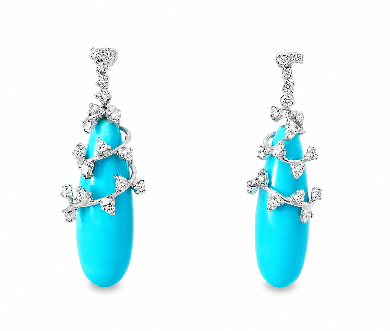14K White Gold Turquoise Diamond Dangle Drop Earrings