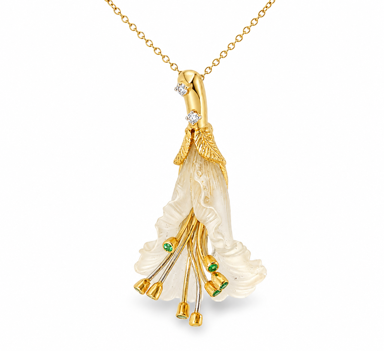 18K Yellow Gold Diamond Emerald Floral Pendant Necklace Slide