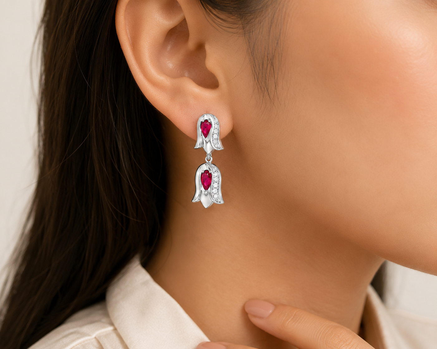 14K White Gold Ruby Diamond Tulip Dangle Earrings Elegant Estate Jewelry