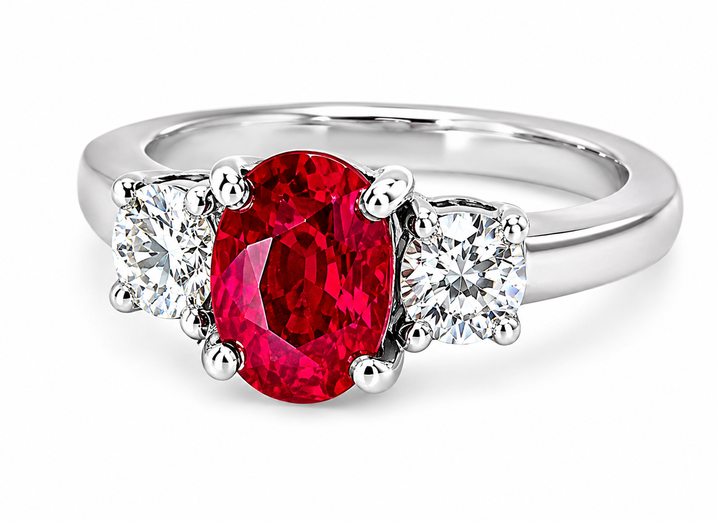 14K White Gold Ruby Diamond Three Stone Ring