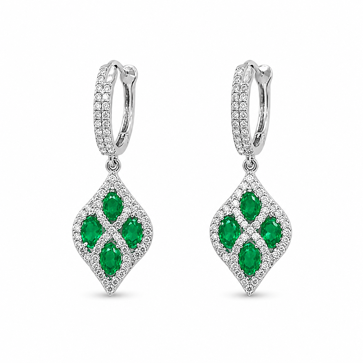 14K White Gold Diamond Emerald Drop Dangle Earrings