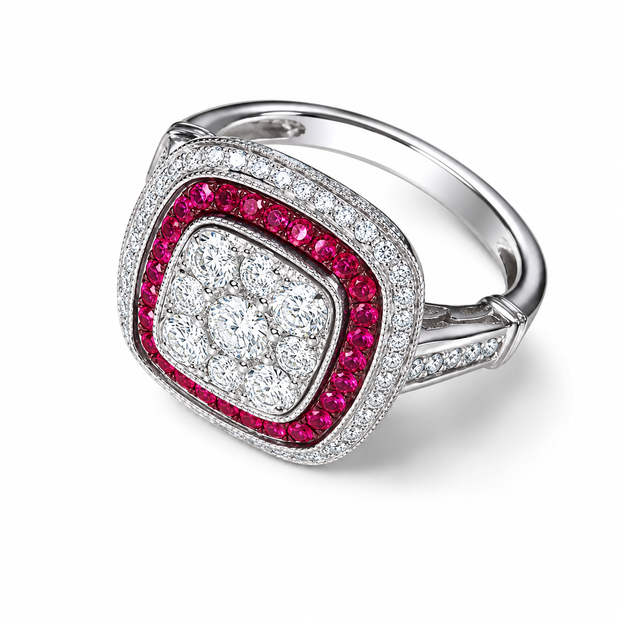 14K White Gold Ruby Diamond Art Deco Ring