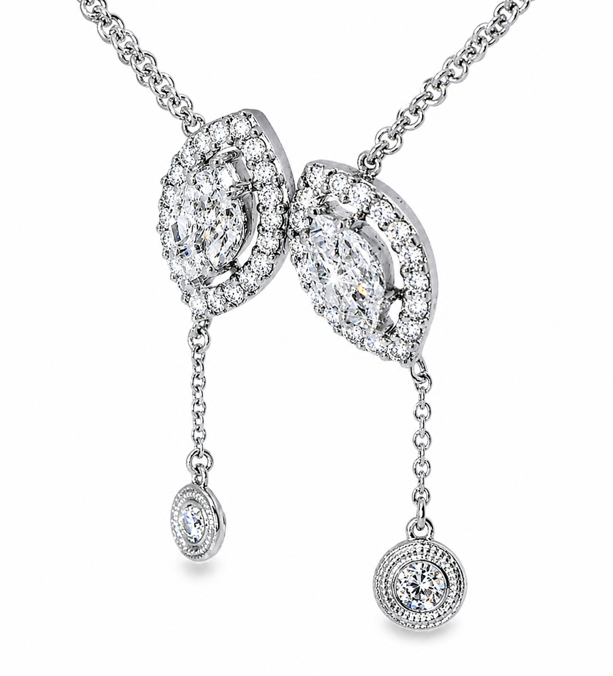 14K White Gold Diamond Lariat Cluster Station Designer Pendant Slide Necklace