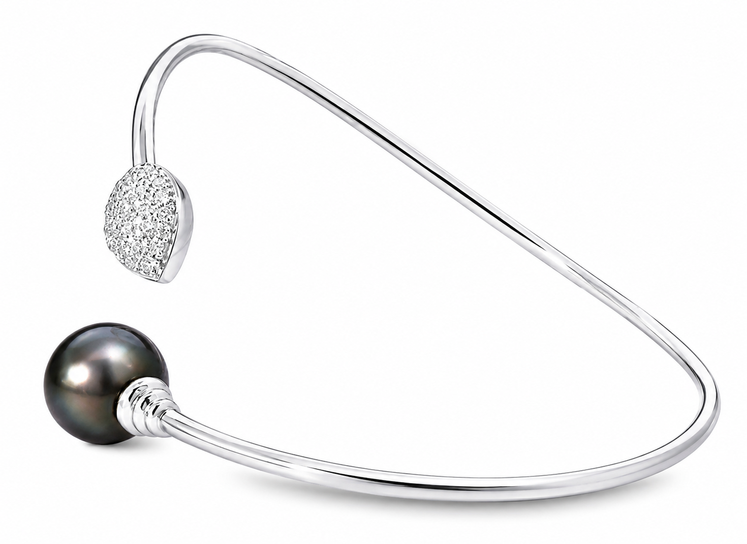 14K White Gold Diamond Tahitian Black Pearl Bangle Bracelet