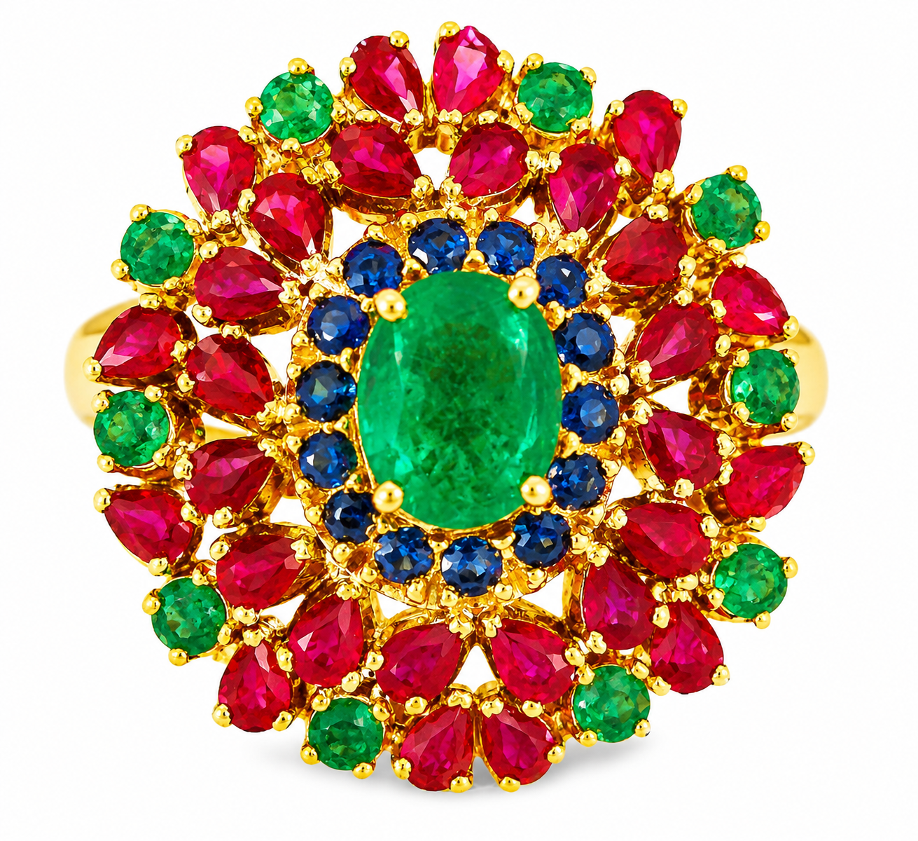 22K and 18K Yellow Gold Estate Ruby Emerald Sapphire Cocktail Ring