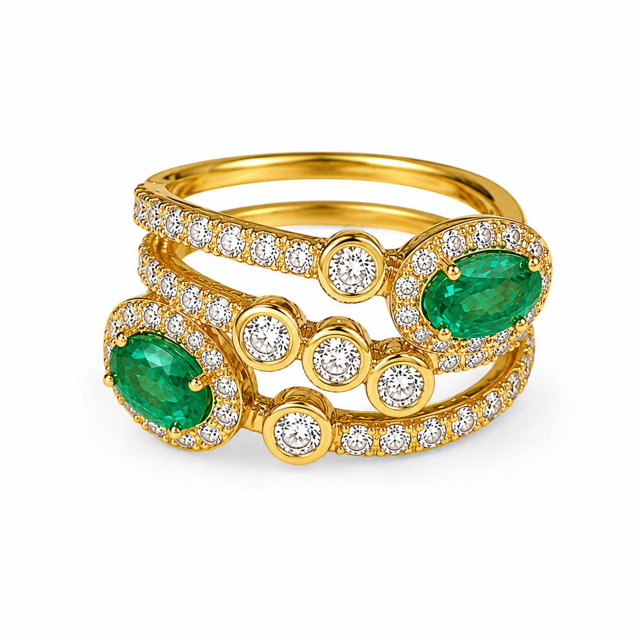 18K Yellow Gold Emerald Diamond Bypass Cocktail Ring Band