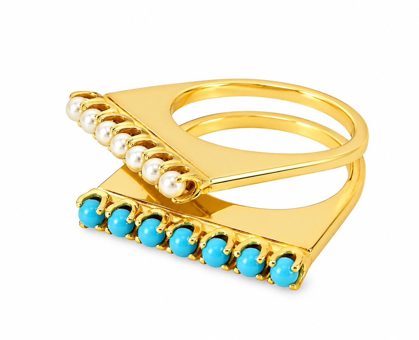 14K Yellow Gold Turquoise & Seed Pearl Dual Band Ring