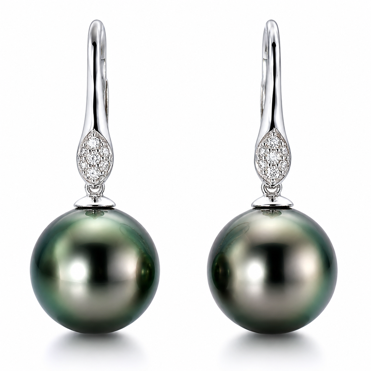 14K White Gold Diamond Tahitian Pearl Hanging Earrings