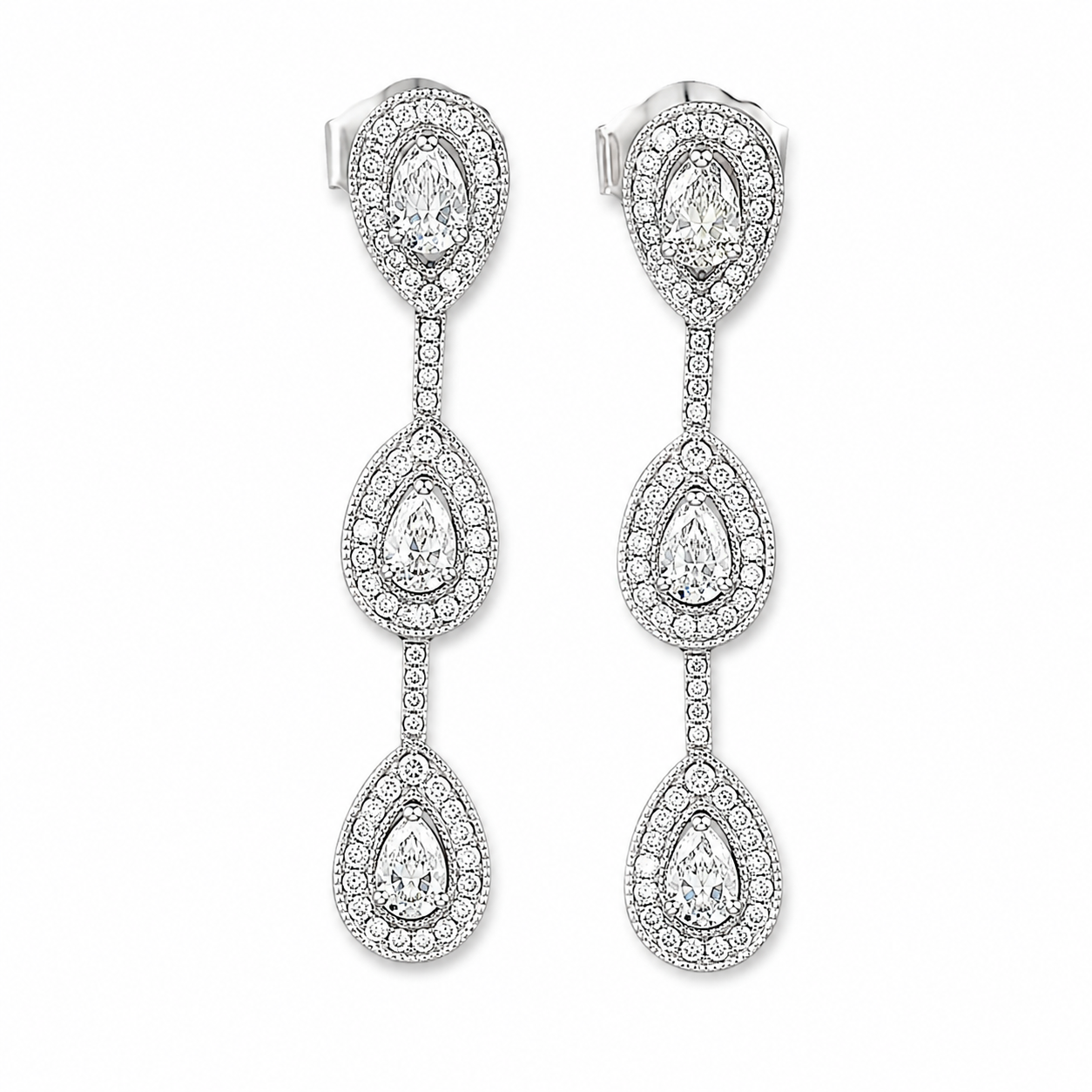 18K White Gold Diamond Pear & Round 3 Tier Drop Earrings