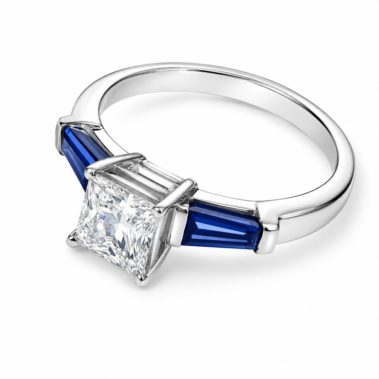 14K White Gold Princess Cut Diamond Tapered Baguette Sapphire Engagement Ring