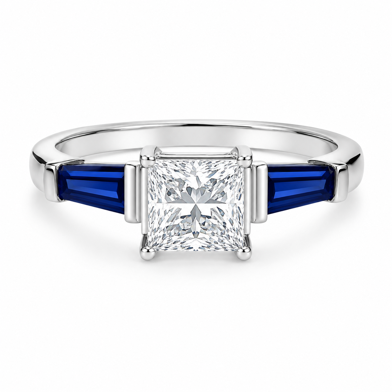14K White Gold Princess Cut Diamond Tapered Baguette Sapphire Engagement Ring