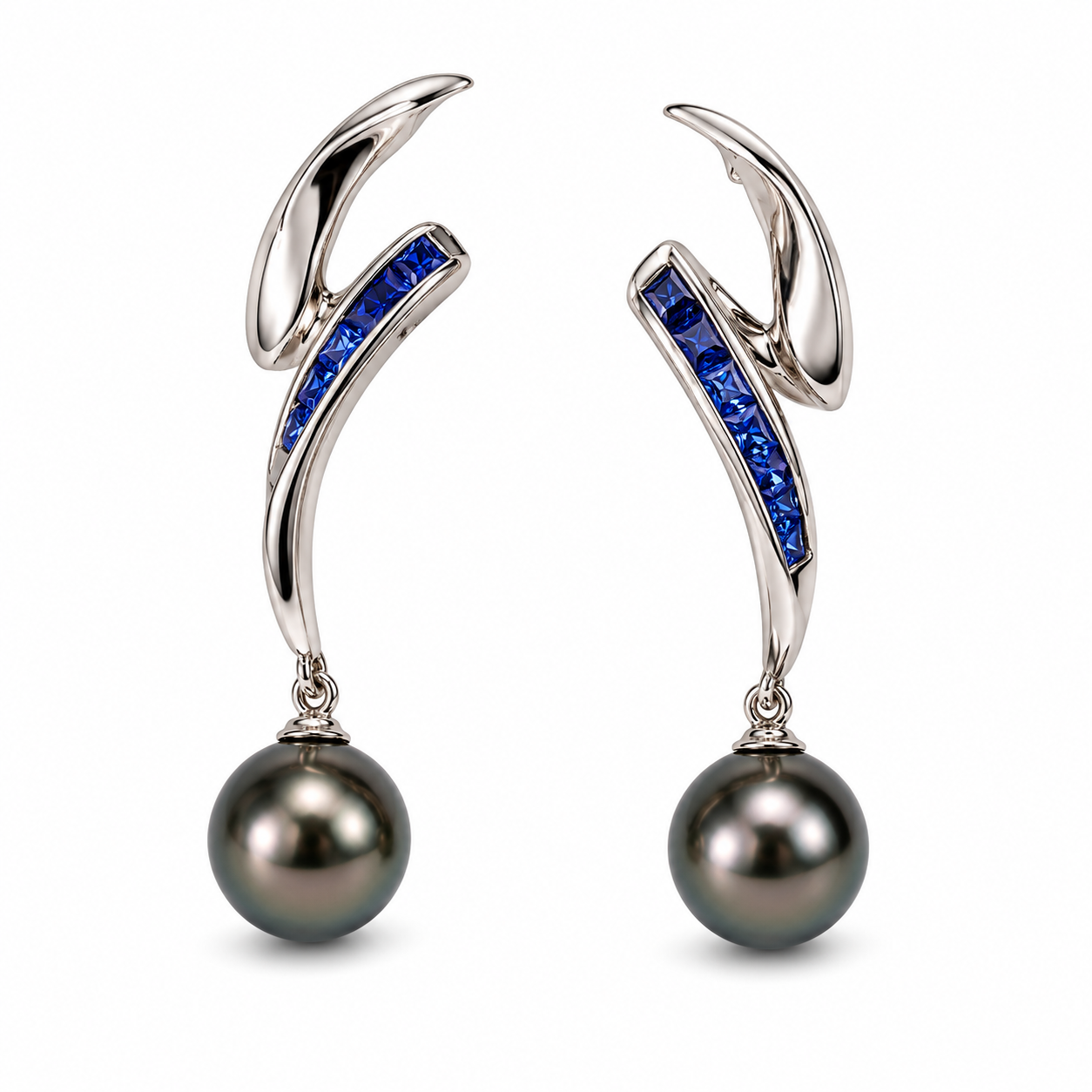 18K White Gold Princess Cut Sapphire Grey Tahitian Pearl Dangle Drop Earrings