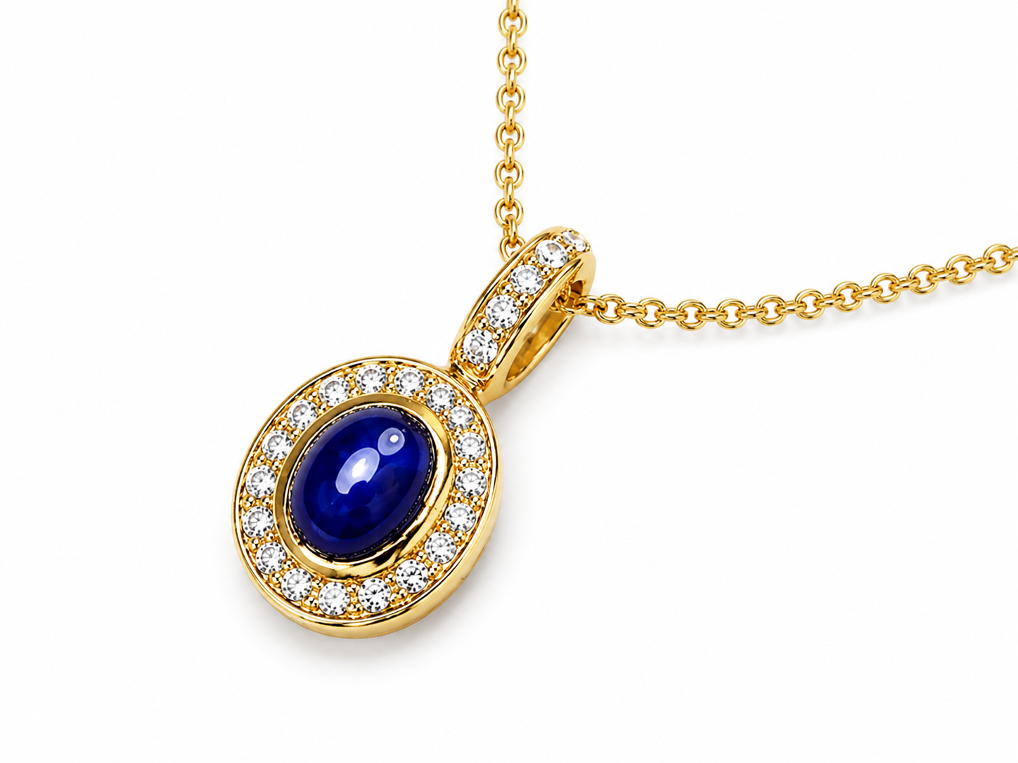 14K Yellow Gold Cabochon Sapphire Diamond Pendant Necklace