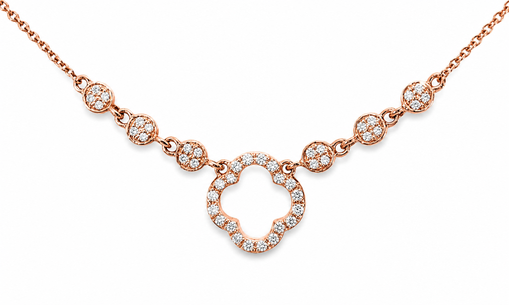 14K Rose Pink Gold Floral 4 Leaf Clover Mabe Diamond Pendant Necklace