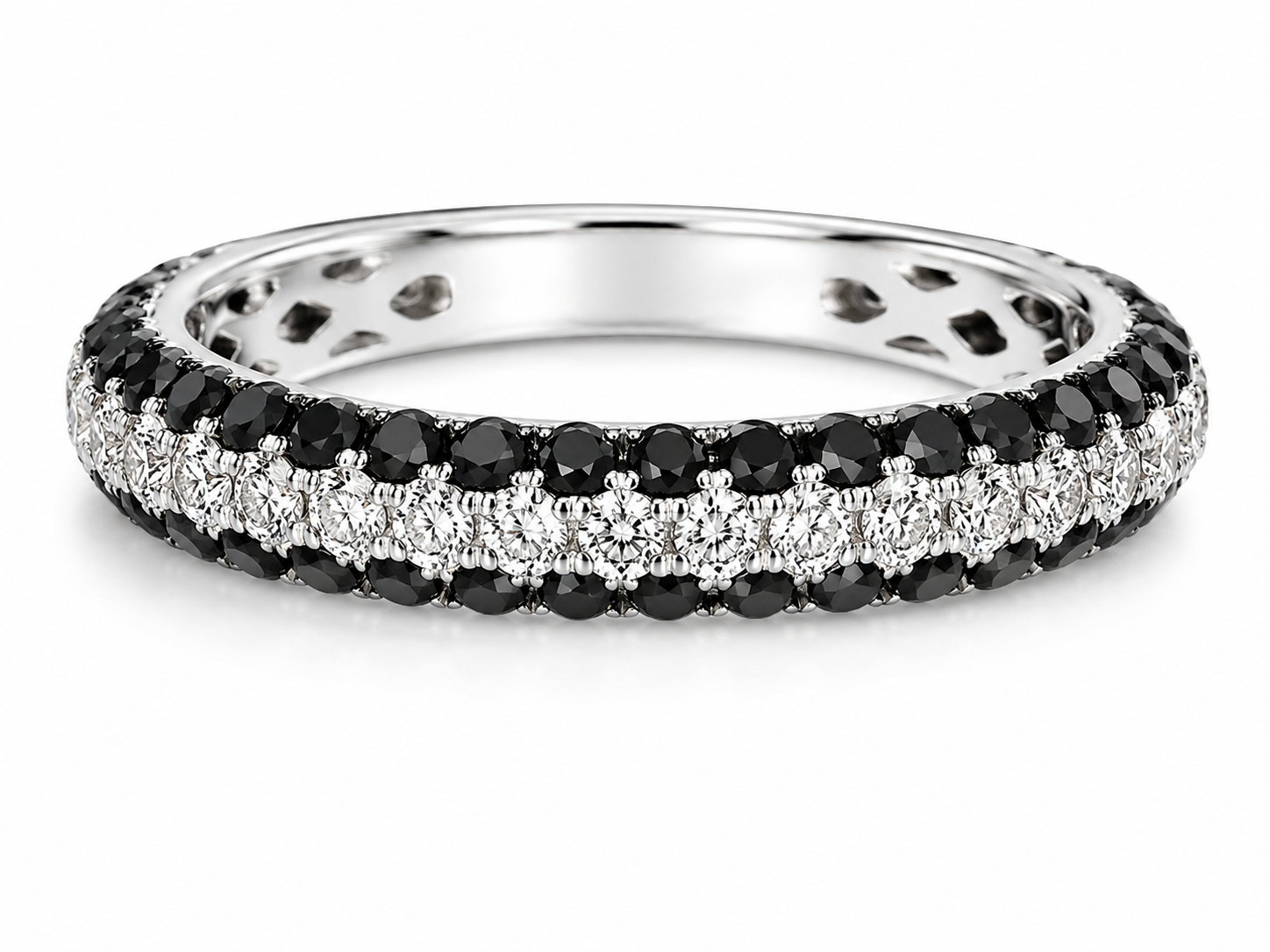 14K White Gold White Black Diamond 3 Row Eternity Wedding Band