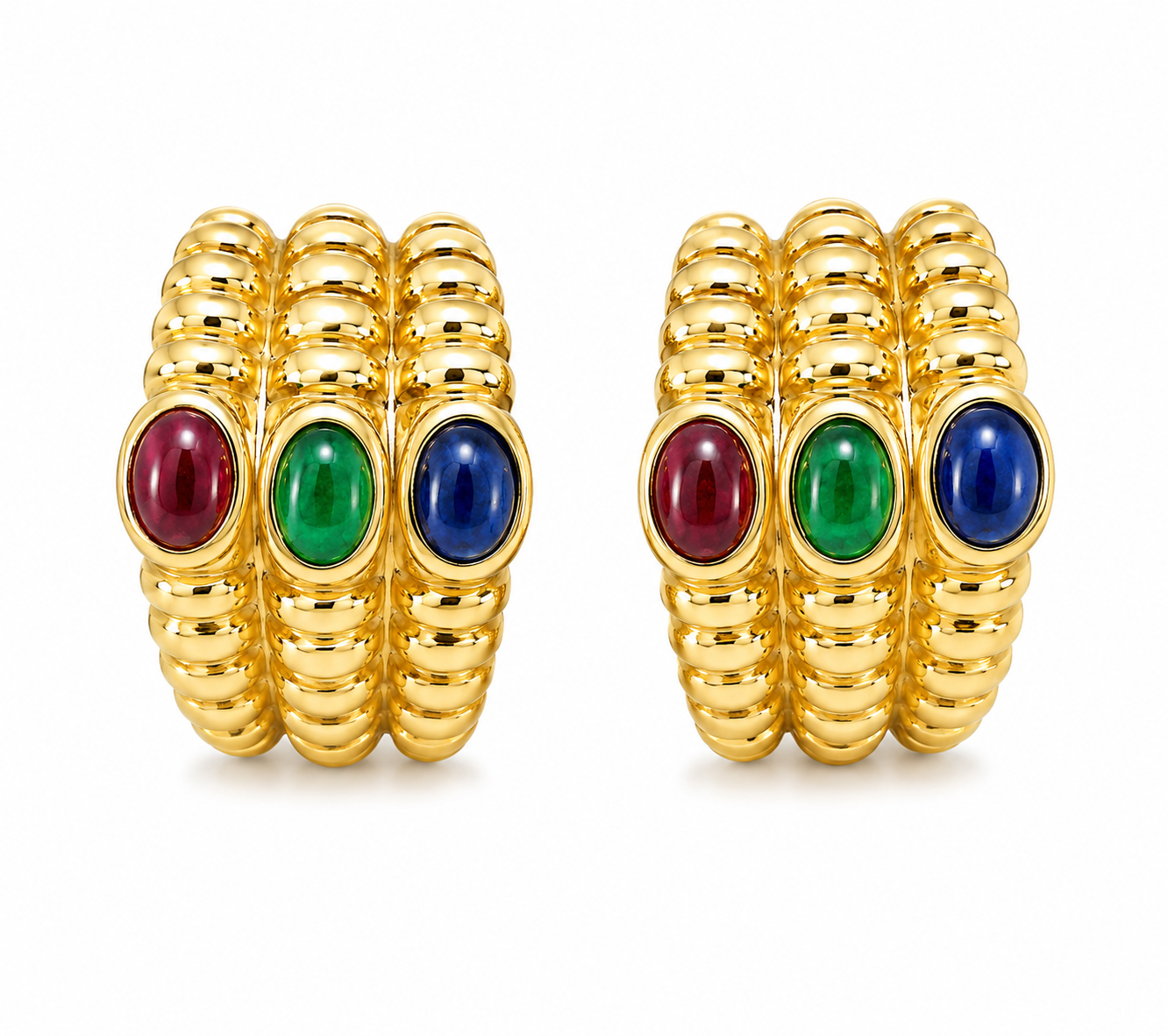 14K Yellow Gold Cabochon Ruby Emerald Sapphire Clip Earrings