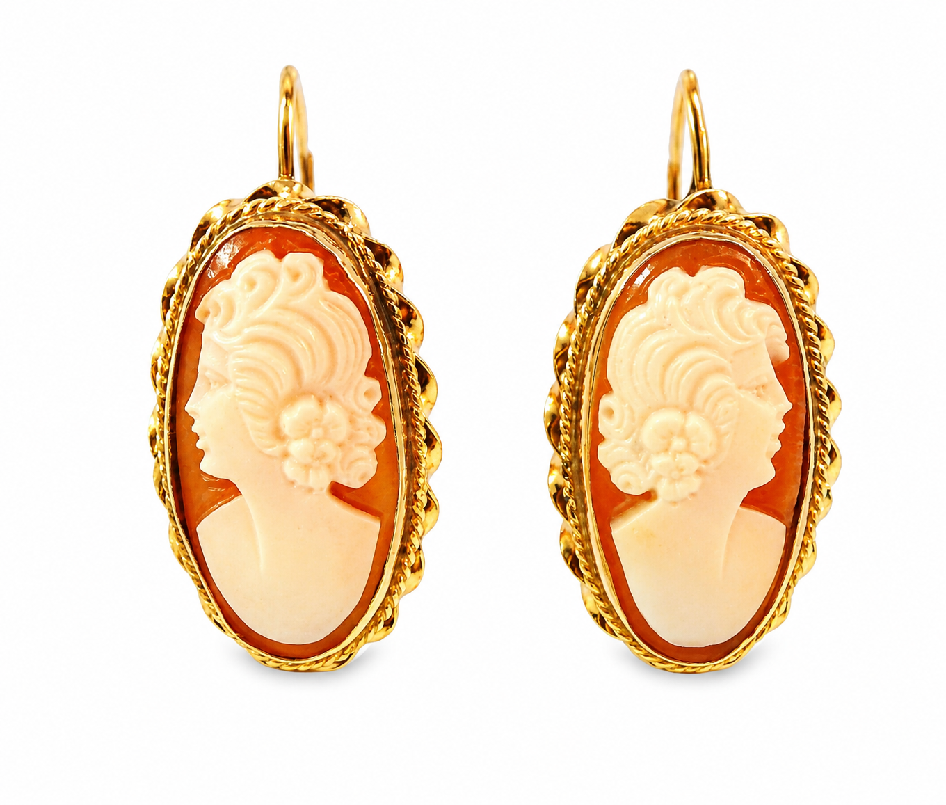 14K Yellow Gold Shell Cameo Drop  Antique Estate Earrings