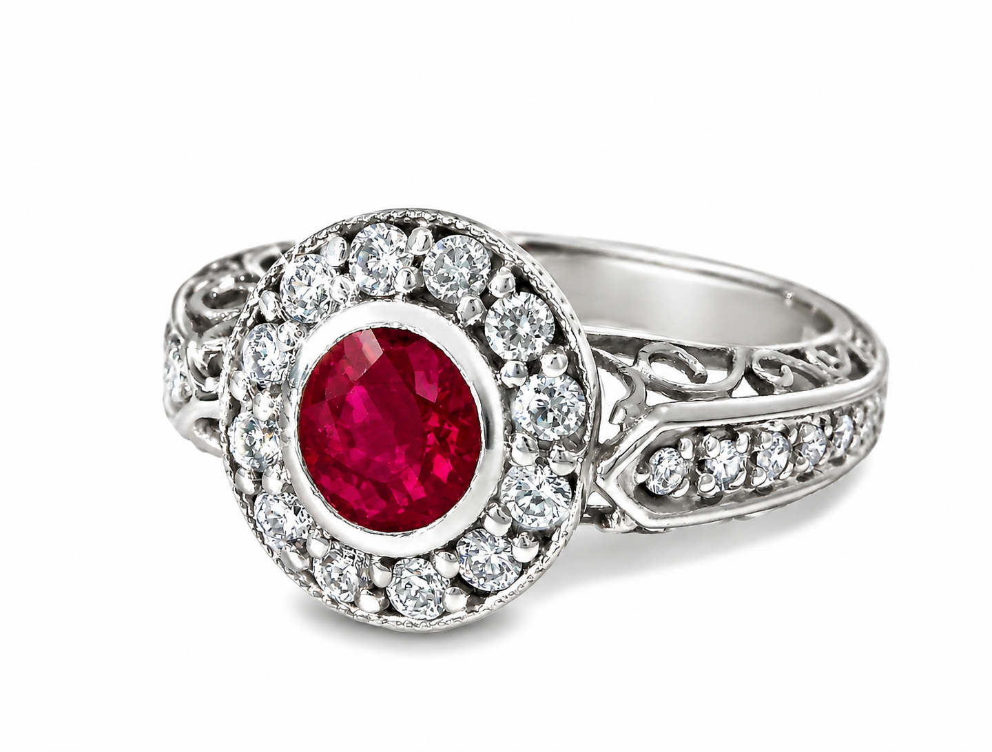 18K White Gold Ruby Diamond Engagement Estate Ring