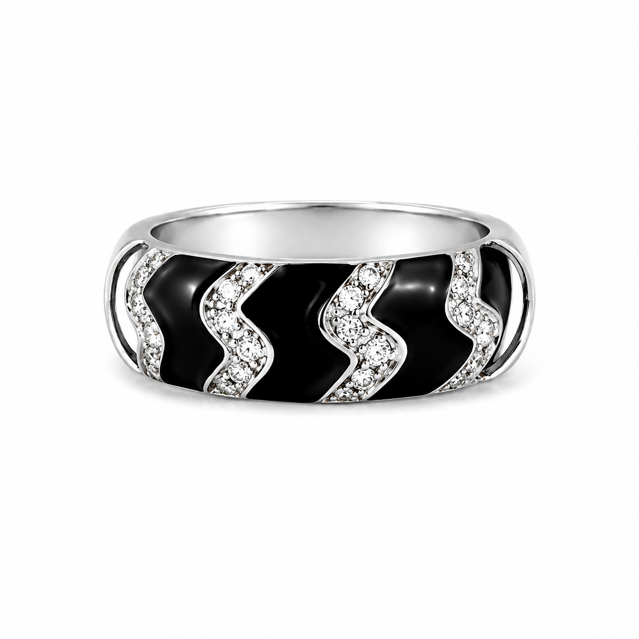 18K White Gold Hidalgo Diamond Zigzag Enamel Wedding Band Ring