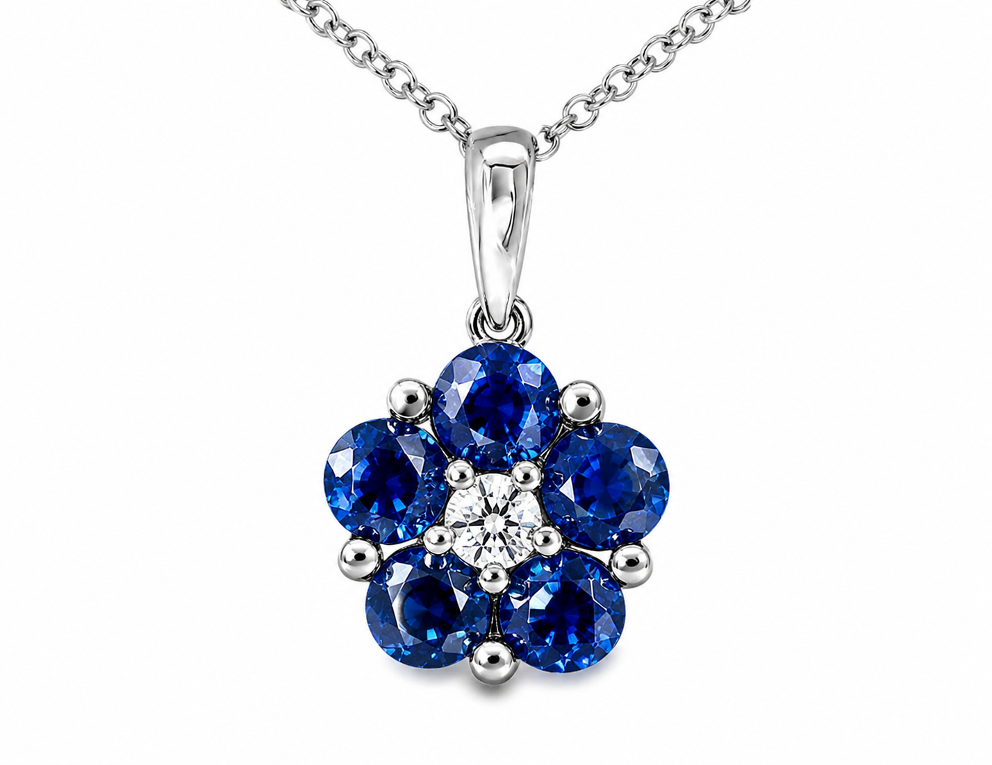 14K White Gold Diamond Sapphire Flower Slide Pendant Necklace